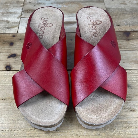 Yokono - Cross Band Leather Wedge Sandals - Red - Made in Spain - Women's 7.5 - Picture 4 of 16